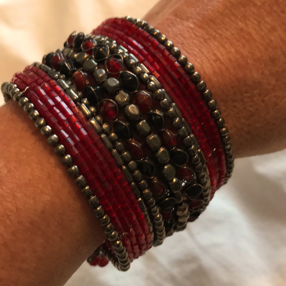Red/black/silver beaded cuff bracelet